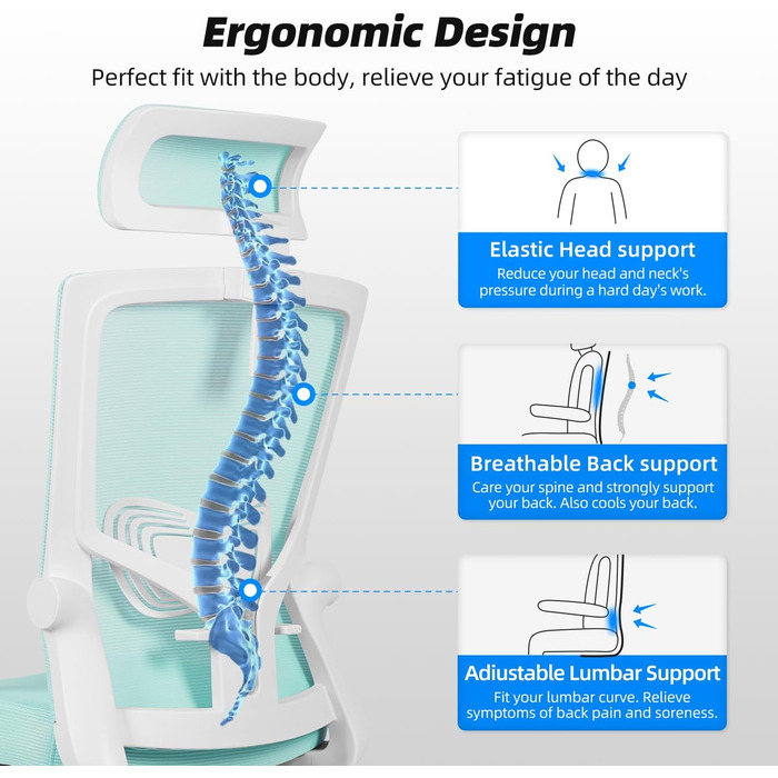 Ергономічне крісло Daccormax для офісу: регульована підголовник, підлокітники, підтримка попереку, поворотний механізм, функція гойдання, сітчасте крісло, турбота про спину, 150 кг (Турквіс)