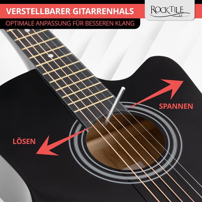 Rocktile WSD-5C-BK: Акустична гітара Western Slim Line - Комплект з чохлом, струнами, ременем та медіатором (Чорний)