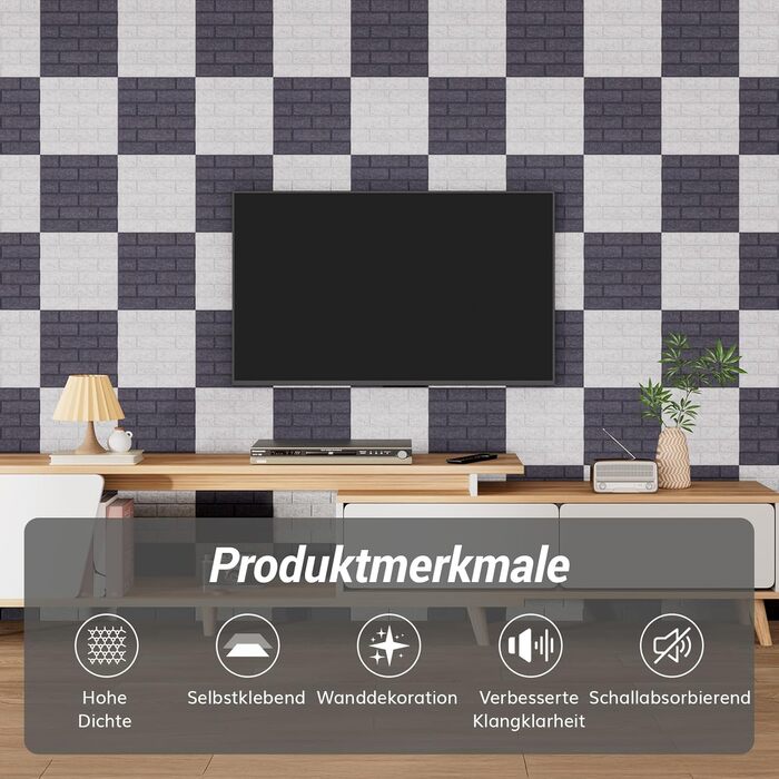 Акустичні панелі TONOR під цеглу самоклеючі, 18 шт. (30x30x0,9 см), звукопоглинаючі панелі для шумоізоляції та декору стін, темно-сірі