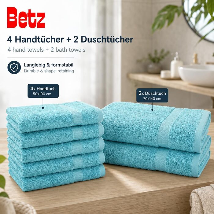 Набір махрових рушників Betz Premium 6 шт. (4 шт. 50x100 см, 2 шт. 70x140 см), 100% бавовна, колір Ocean — для ванної та гостей
