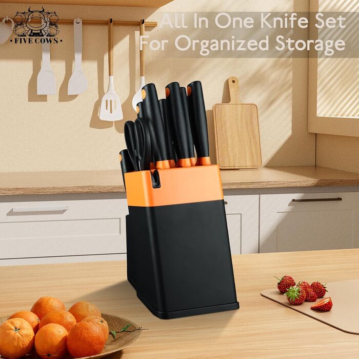 Набір кухонних ножів FIVE COWS з 14 предметів: професійний набір ножів для дому (Оранжевий)