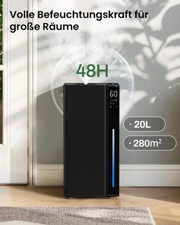 Зволожувач повітря для великих приміщень 20L, теплий та холодний туман, зволожувач до 280м², 360° ультразвуковий зволожувач, для спальні/вітальні/офісу/рослин/комерційного використання, чорний