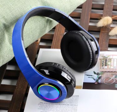 Бездротові Bluetooth навушники з LED підсвіткою, складні, Bluetooth 5.0, радіус дії 10 м, стерео, мікрофон, синій