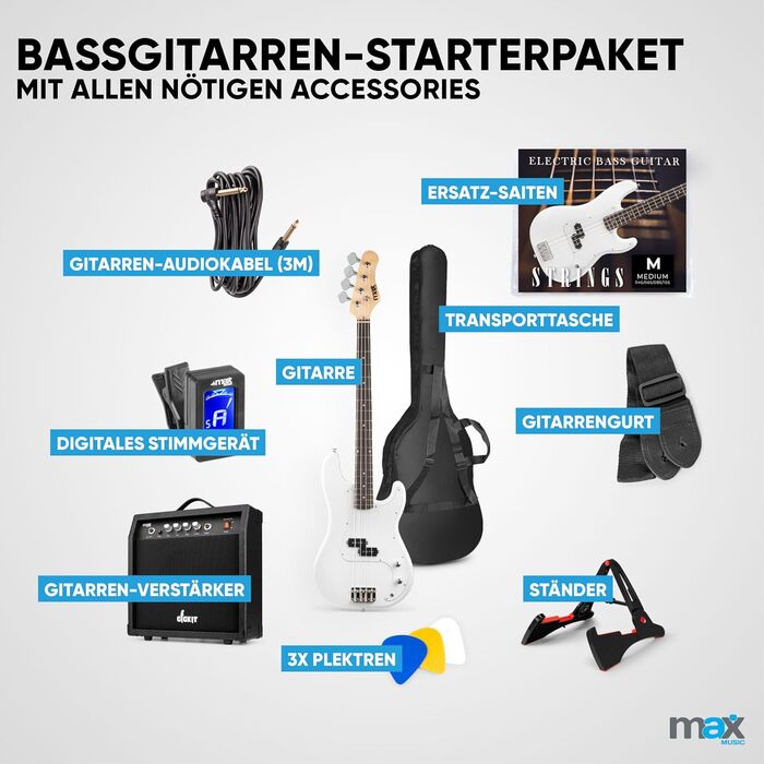 MAX GigKit Бас-гітара: повний комплект для гри, 21 лад, білий