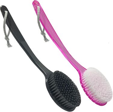 Back Scrub Brush – Curved shower brush with a long handle and medium-stiff bristles for cleaning and exfoliating the body, back scrubber for men and women (black + pink, 2)