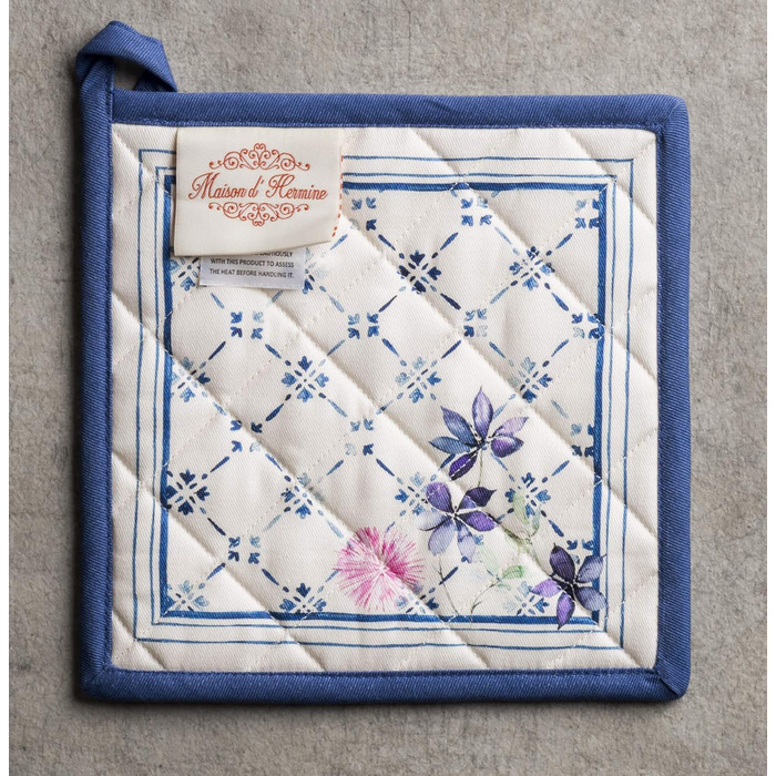 Maison d' Hermine Faience Oven Mitt + Pot Holders, 100% Cotton, Heat Resistant, Kitchen Oven Mitt (19.1 x 33 cm) and Pot Holders (20.3 x 20.3 cm) for Cooking, Grilling, Spring/Summer