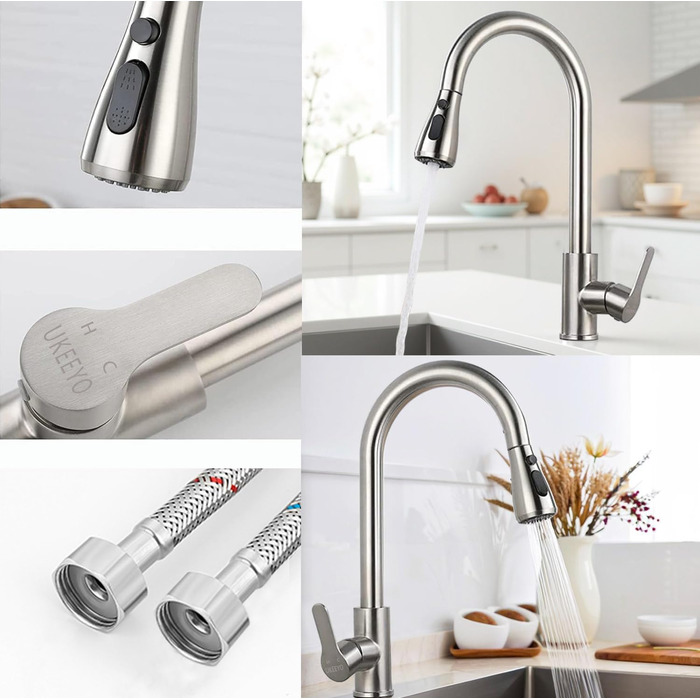 Кухонний змішувач з висувною лійкою та 3 режимами, з нержавіючої сталі, для кухні