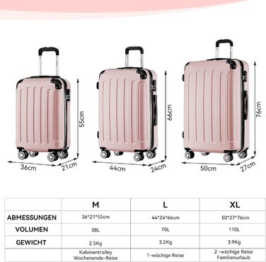 Чемодан Beibye з подвійними колесами Hardcase, XL-L-M, 14 кольорів (Розове золото), ручна поклажа (55 см)