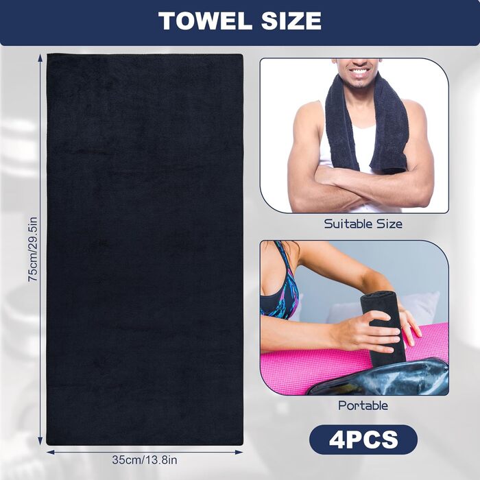 4 штуки спортивних рушників для фітнесу, 75 x 35 см, мікрофібра, швидковисихаючі, для тренажерного залу та подорожей