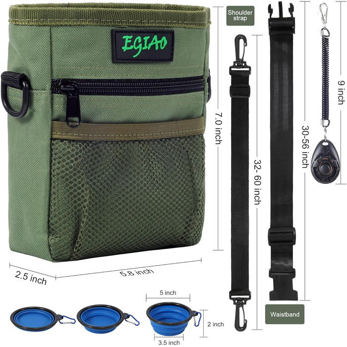 Сумка для ласощів для собак з мискою, клікером та пакетами для прибирання, Зелена