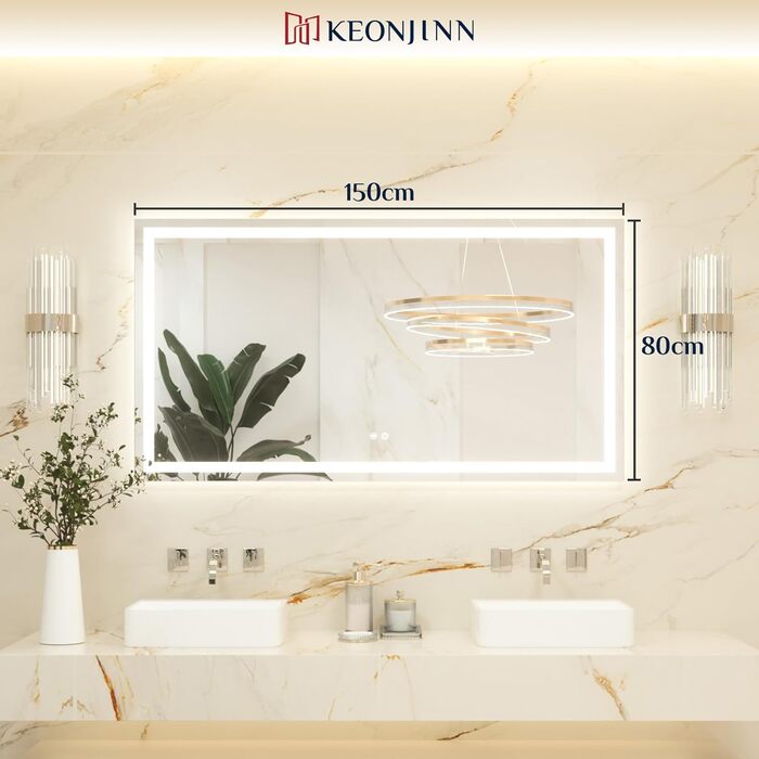 Дзеркало для ванної кімнати Keonjinn з підсвічуванням, чорний металевий каркас 60x80 см, антизапар, LED, сенсорне керування, 3 кольори світла, регулювання яскравості, функція пам'яті, настінне дзеркало (без рами, 80x150 см)