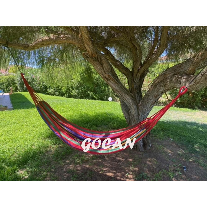 Гамак GOCAN XXL для двох осіб 220x160 см, червоно-райдужний, бавовняний, для саду, балкону, дітей, витримує до 300 кг