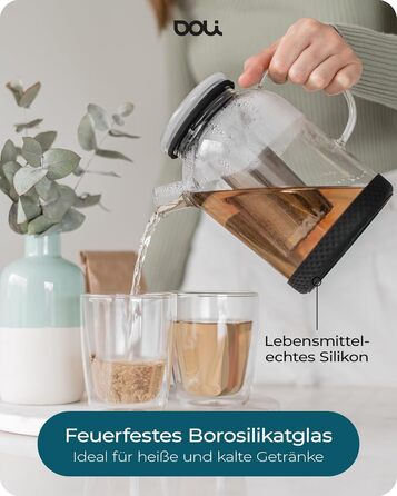 Скляний чайник Doli 1,5 л з сіткою з нержавіючої сталі, чорний — для гарячих та холодних напоїв, підходить для посудомийки, BPA-free