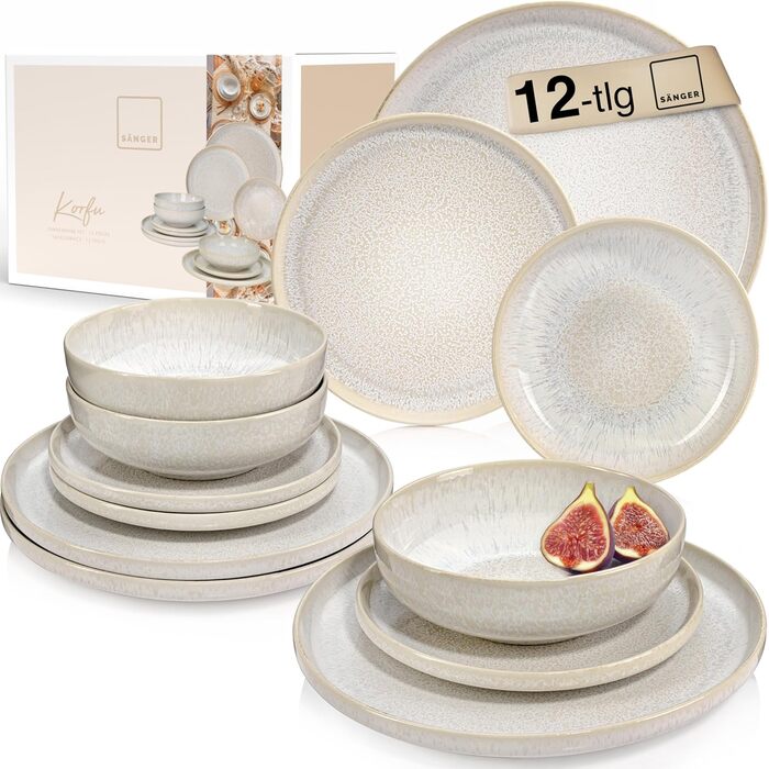 SÄNGER | Korfu Dinner Set 12 pcs, Tableware Service for 4 People, Stoneware Dishes Handmade, Plate Set including Dinner Plates, Dessert Plates, Deep Plates, Cream Colors with Sandy Texture | PREMIUM COLLECTION Korfu Tableware Service 12 pcs