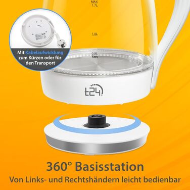 Скляний електрочайник T24 79020 з LED-підсвіткою, 1.7 л, 2200 Вт, захист від википання, без BPA, білий