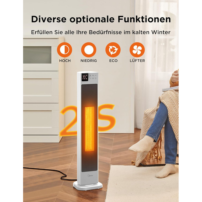 Midea NTH20-22GR(WH) Heater - Energy-Saving, Quiet with Remote Control, PTC 2000 Watt Ceramic Heater with Thermostat, 2 Heat Settings, 24H Timer, ECO Mode, for Large Rooms, 75° Oscillation, 76.5CM