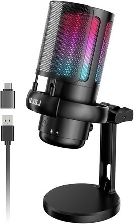 Мікрофон для ПК NJSJ Gaming RGB, для стрімінгу та запису, USB, сумісний з PS4/PS5/Mac, з регулятором гучності, чорний