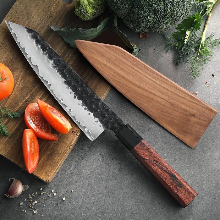 Японський ніж Kiritsuke Messer 21.5 см, сталь 3 шари, професійний, ручка з червоного дерева, дерев'яна піхва