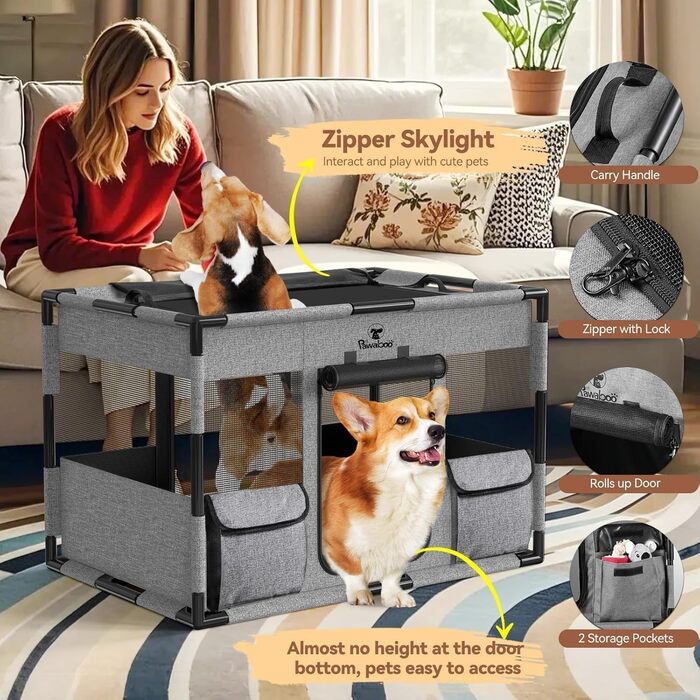 Pawaboo Забіг для цуценят Extra Large, портативний вольєр для тварин, переноска для собак та котів, вольєр для собак, посилений каркас з ПВХ, великий, L-91×61×61CM (M-81x61x61CM, чорний/сірий)