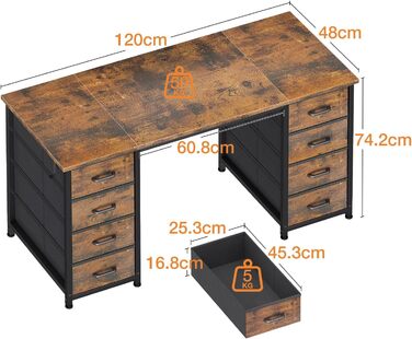 Комп'ютерний стіл Coleshome з 8 тканинними ящиками, 120x48 см, коричневий | Стіл для офісу, дому, вітальні