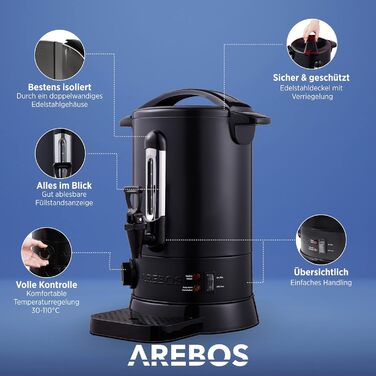 Arebos Glühwein Cooker 950 W | Hot Beverage Dispenser | 6.8 L | with Drip Tray, Tap, Thermostat, and Overheat Protection | Temperature Setting from 30-110 °C | Black