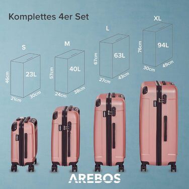 Набір валіз Arebos 4шт. з ABS-пластику | Чемодан-ролер з телескопічною ручкою | З замком-блискавкою, 360° колесами | Розміри S-M-L-XL | (Рожево-золотий)