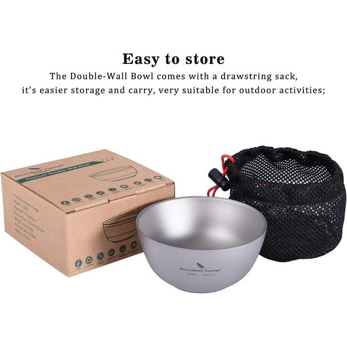 iBasingo Titan Bowl Rice Soup Cup Outdoor Camping Dinnerware 350ml Lightweight Double-Walled Round Bowl Tableware for Travel Hiking Home Ti1094T 350ml -Ti1094t