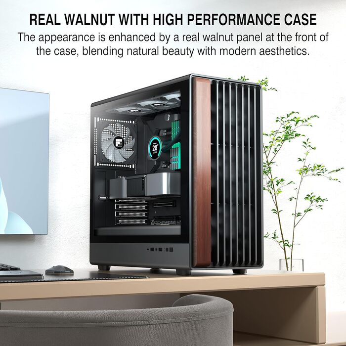 Корпус для ПК FOIFKIN з дерев'яною передньою панеллю з горіха, 4 PWM ARGB вентилятори, ATX Mid-Tower, USB Type-C, M.2, чорний