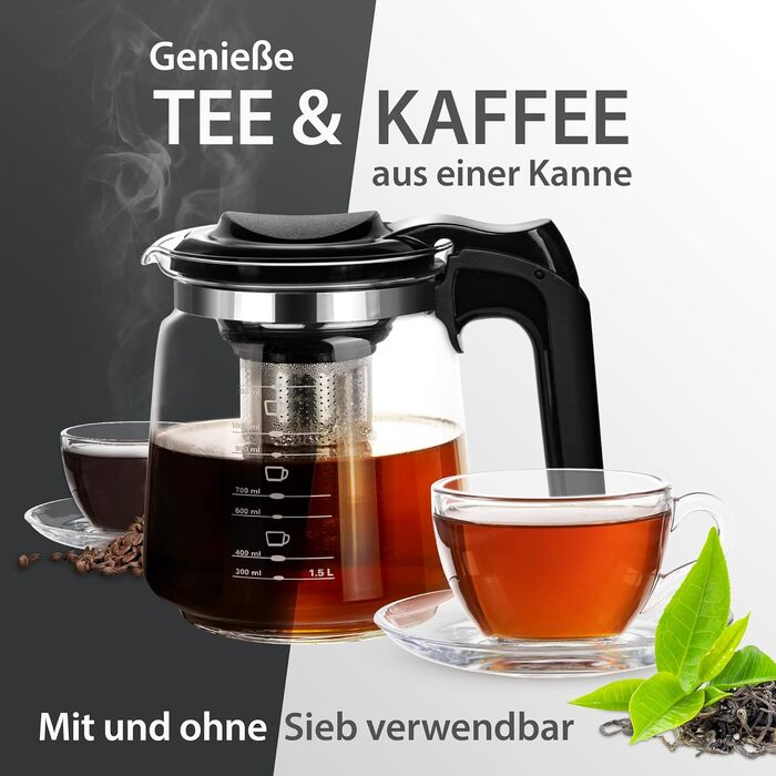 Скляна чайник T24 з ситом, 1250 мл - термостійкий, з нержавіючою сталлю, для заварювання листового чаю, з захистом від перегріву
