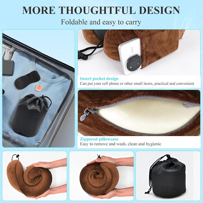 Подушка для шиї у вигляді звірка Memory Foam для дорослих з чохлами для вух, маскою для очей та сумкою. М'яка, дихаюча, ідеальна для подорожей, авто, офісу (колір: коричневий)