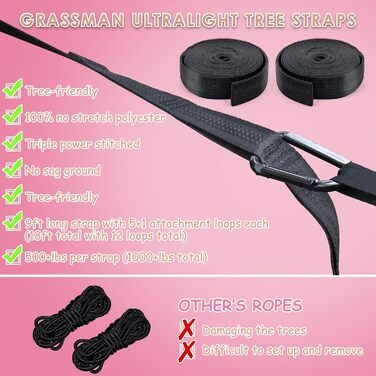 Дитяча гамак Grassman для кемпінгу: портативна, ультралегка, рожево-блакитна. Гамак для дівчаток та хлопчиків з ременями