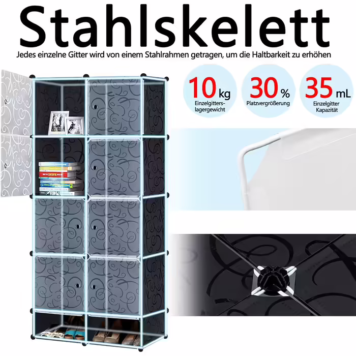 NAIZY Wardrobe Black DIY Plastic Shelf System Closet Organizer with Door, Plug-in Shelf System, Plastic Cabinet (16 Cubes, with 2 Clothes Rails) (8 Cubes, with Shoe Cabinet)