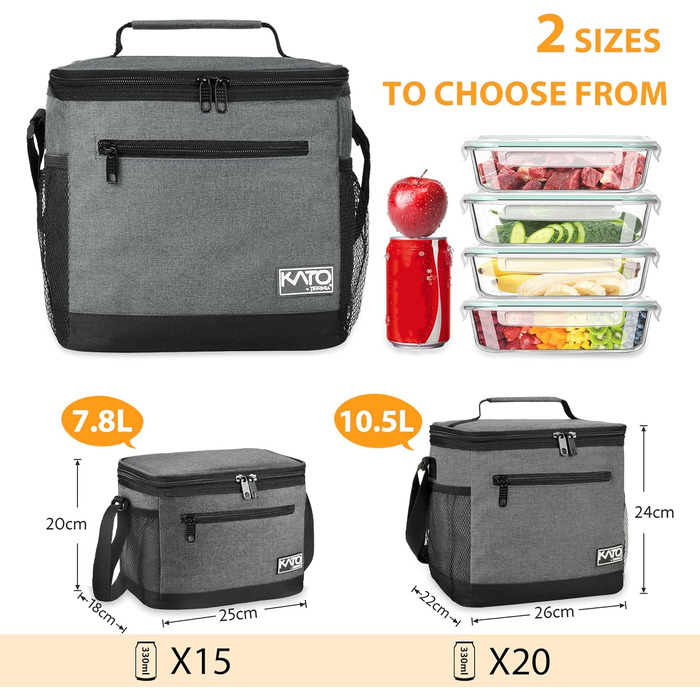 Сумка-ланч Kato Tirrinia для чоловіків: ізольована, 10.5L, з регульованим ремінцем, для роботи, фітнесу, школи, пікніків. Термосумка, витримує витоки, складається. Колір: темно-сірий