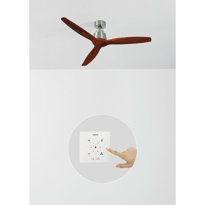 Вентилятор стельовий WINDSTYLANCE з дерева, з підсвіткою, Нікель, Wi-Fi, пульт, 40W, тихий, Ø132 см, 6 швидкостей, таймер, DC-двигун, літньо-зимовий режим, дерев'яні лопаті, без освітлення + вимикач