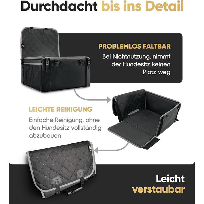 Автокрісло для собак HELDENWERK Extra Stabiler - Водонепроникне, з 5 ременями, для заднього та переднього сидіння (Чорно-сіре, стандартне)