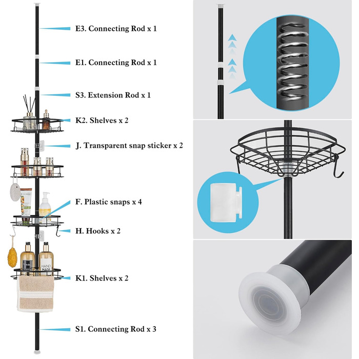 DUFU Shower Shelf Telescopic, No Drilling Required, with 4 Shower Basket, Corner, Non-Slip, Stable Bathroom Shelf Made of Metal, Height Adjustable 85-325cm, Telescopic Shelf, Black