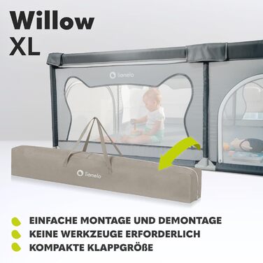 LIONELO WILLOW XL Playpen for Baby, suitable from 0-48 months, large area 187 cm x 207 cm x 68 cm, baby playpen with breathable mesh side panels, 2 side entrances with a zipper.