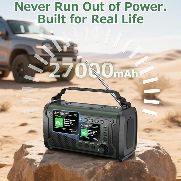 Радіостанція невідкладної допомоги 27000mAh з ручним заводом, сонячною панеллю, USB-зарядкою, Bluetooth 5.3, функцією Powerbank, SOS-сигналом, ліхтарем, лампою для читання, компасом, слотом для TF-карти та міцним Outdoor-дизайном, армійного кольору