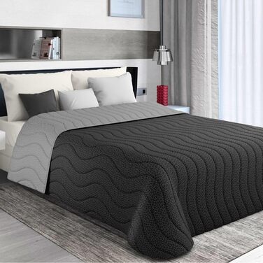 Тagesdecke 240x260 см Чорний/Сірий: двостороння постільна ковдра для дволіжка, стегане покривало з мікрофібри, Made in Italy