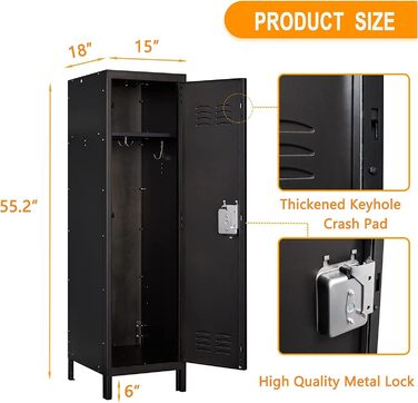Metal locker with lockable doors, industrial steel cabinet for school, home, office, garage, H140*W38*D46 cm