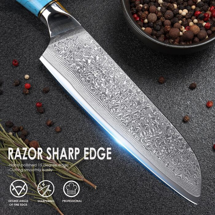 Ніж Kiritsuke Kochmesser Damast від Home Safety: професійний кухонний ніж з лезом 18.8 см з 67 шарів VG-10 Damaststahl, ергономічна ручка з натуральної смоли, подарункова коробка (3 шт)
