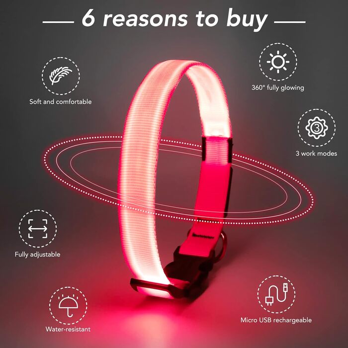 LED-нашийник для собак, перезаряджається через USB, водонепроникний, яскравий, регульований, для середніх та великих собак (зелений, рожевий)