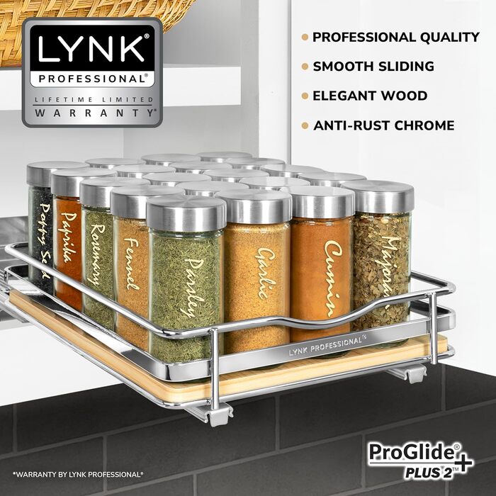 Висувний органайзер для спецій LYNK PROFESSIONAL® для шаф 26.4 см - дерев'яний та хромований, 2-х рівневий