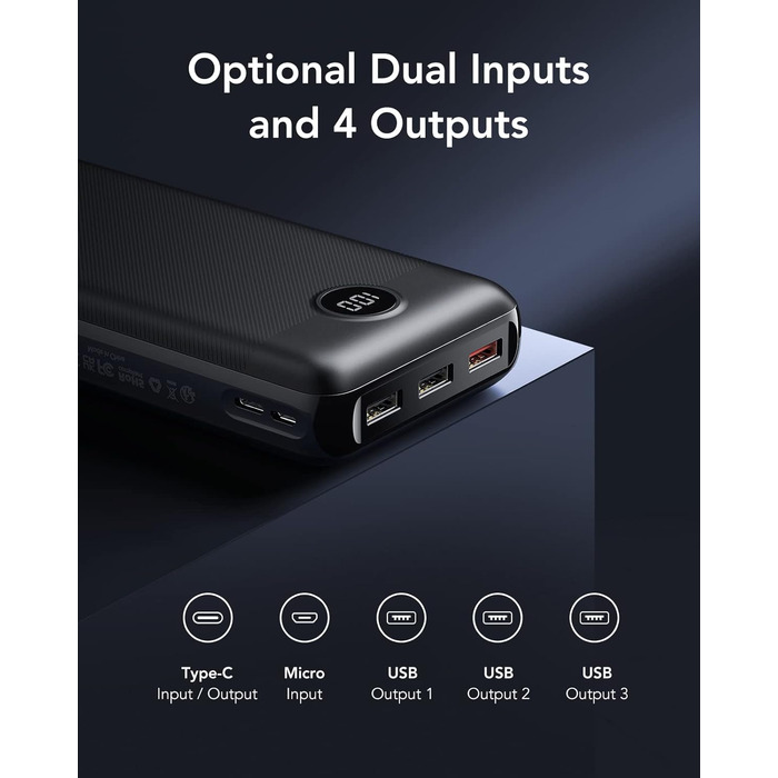 Power Bank VEGER 30000mAh 20W PD: Швидка зарядка, LED дисплей, 4 виходи, 2 входи, USB-C, сумісний з iPhone, iPad, планшетами