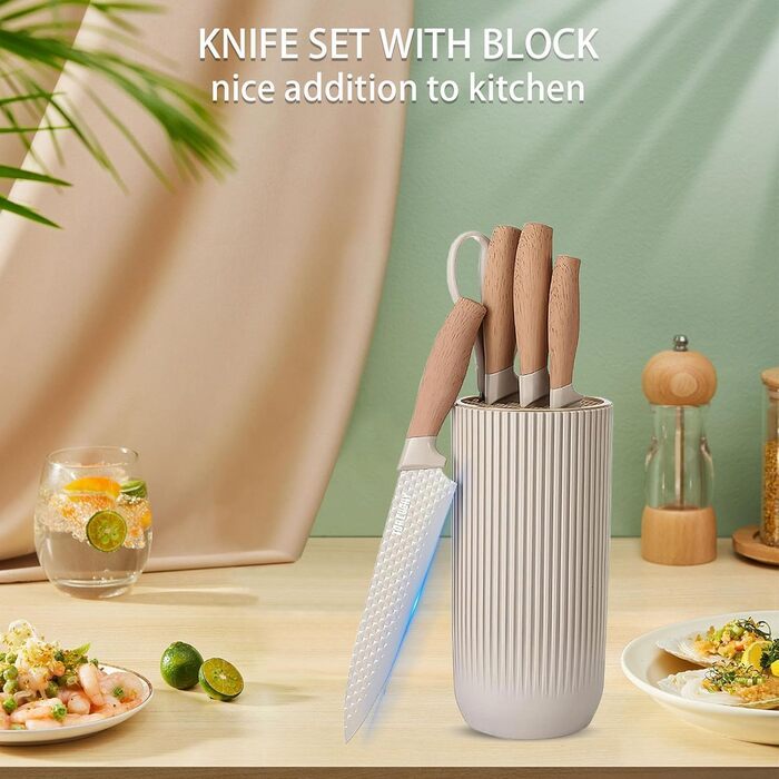 Набір кухонних ножів, 6 предметів: гострі ножі з нержавіючої сталі з антипригарним покриттям, набір для кухні з підставкою (Хакі)