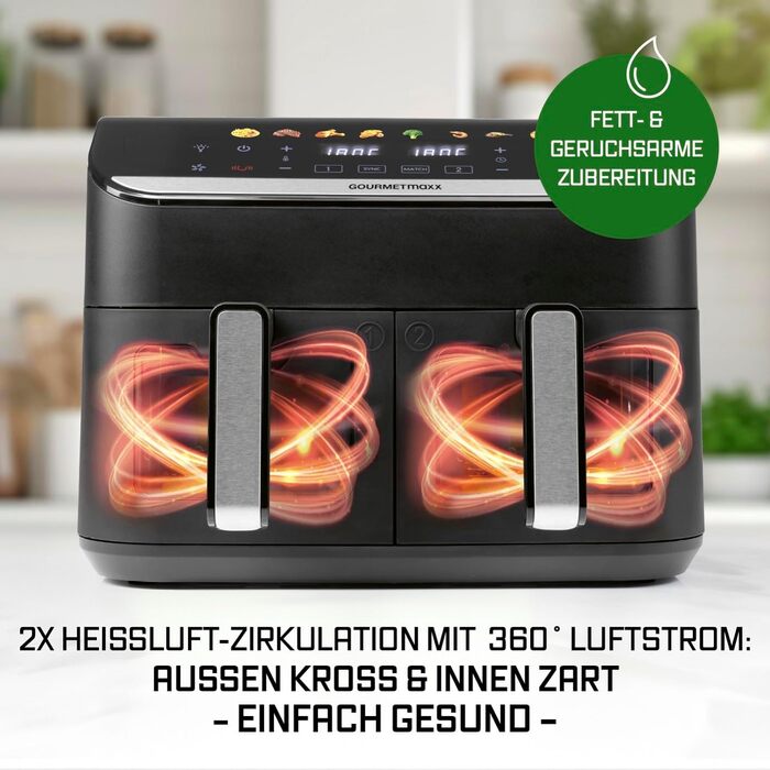 Фритюрниця повітряна Gourmetmaxx AirGenius 9 л з 2 відсіками | 8 програм | Мульти-кухня для 8 осіб | Сенсорний дисплей