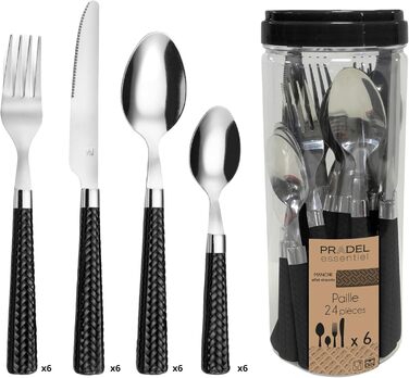 Amefa PAILLE Cutlery Set for 6 | Dinner Cutlery Set 24-Piece | Black Handles with Braided Design | Cutlery Set 18/0 Stainless Steel | Dishwasher-Safe Cutlery Set | 6 each of Fork, Knife, Spoon & Teaspoon