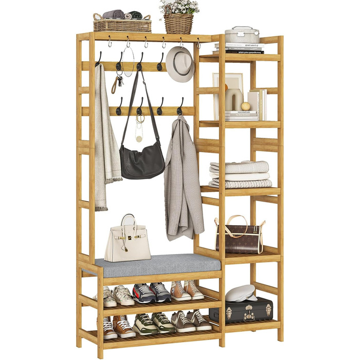 VIAGDO Wardrobe with Shoe Bench, Clothes Rack with 5 Storage Shelves, Wardrobe with Shoe Shelf, 10 Double Hooks, Entryway Wardrobe for Hallway and Bedroom 104x33x175 cm (104 x 33 x 175 cm)