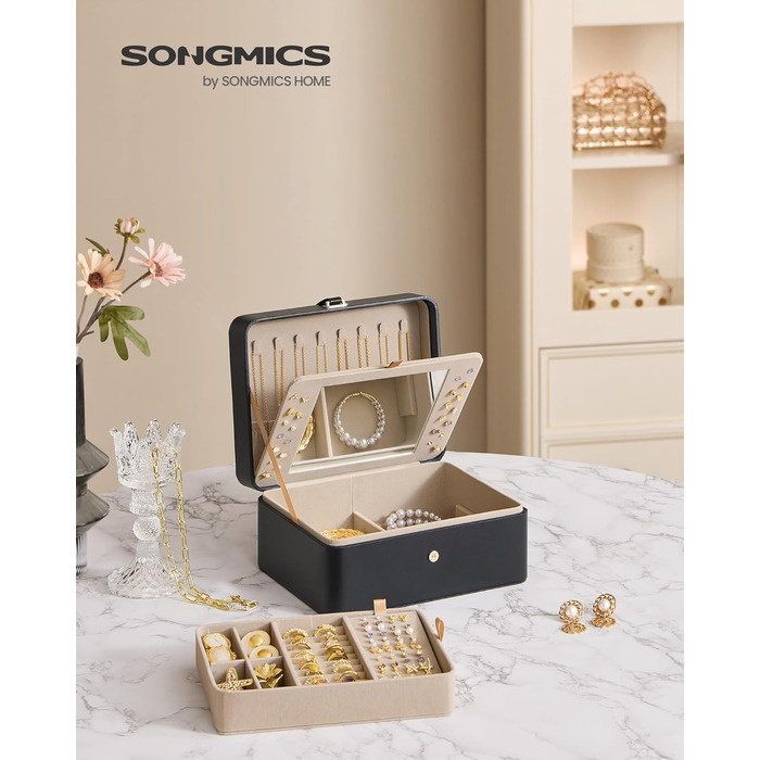 SONGMICS Скринниця для прикрас зі дзеркалом, 2-ярусна, органайзер для прикрас, дорожній футляр, знімний лоток, 17,5 x 21,6 x 10,9 см, для сережок та намист, ідеальна ідея для подарунка, чорний колір