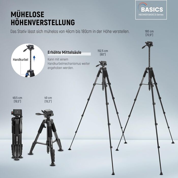 Штатив для камери та смартфона NEEWER Basics (TP55), легкий алюмінієвий туристичний трипод 188 см з 3-позиційною нахильною головкою